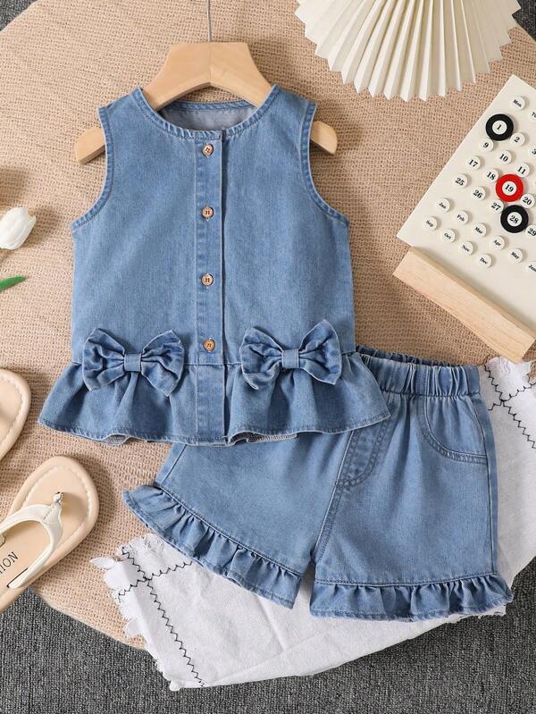 Set de 2 piezas para niñas pequeñas con camiseta casual y shorts vaqueros versátiles para usar al aire libre en verano