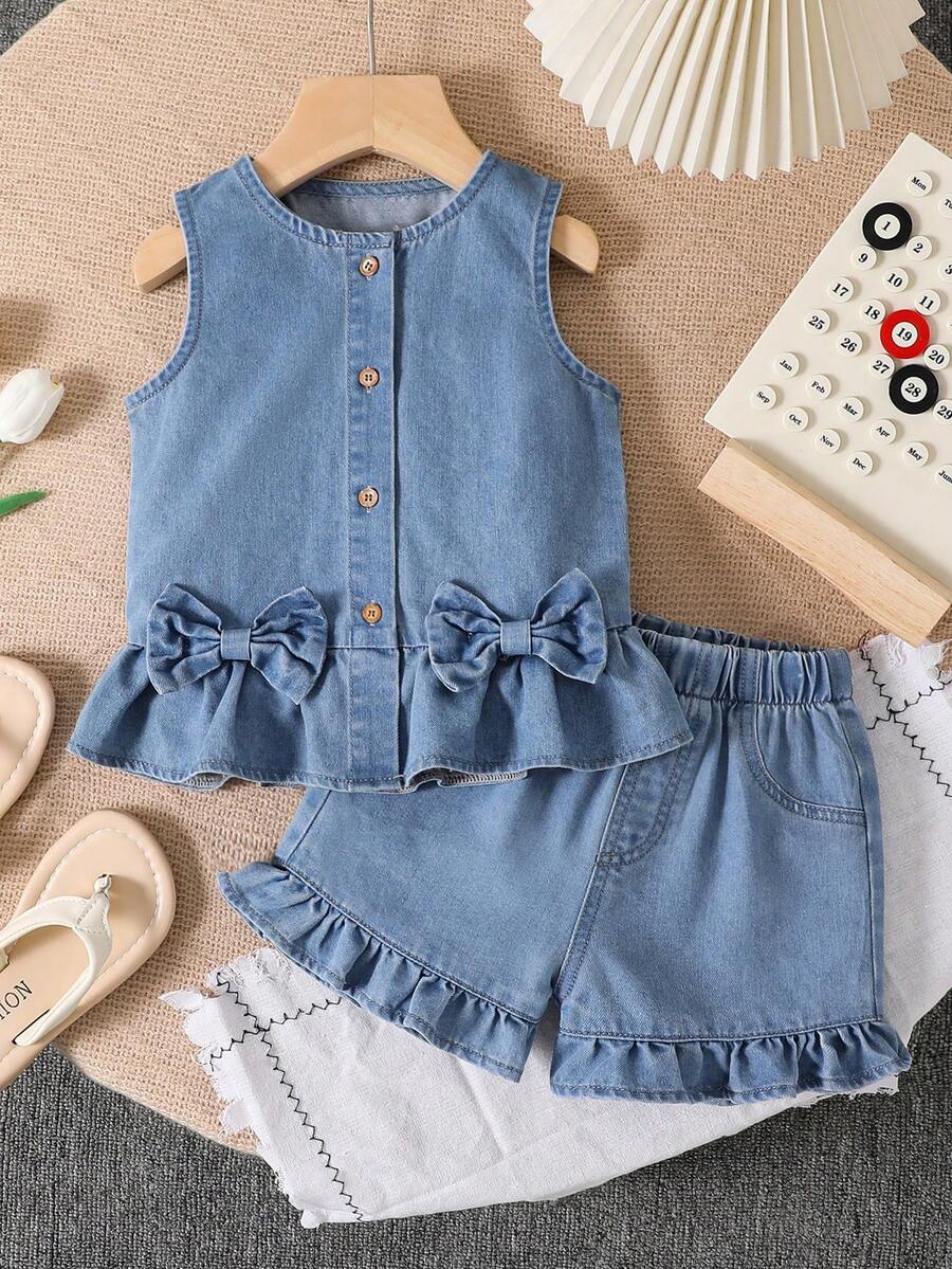 2pcs/Set Toddler Girls' Fashionable Street Casual Outdoor Versatile T-Shirt & Retro Denim Shorts Set, Summer - Medium Wash - View 1