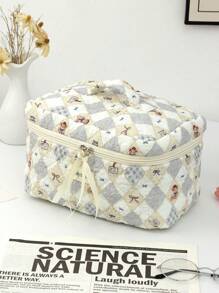 1 pezzo Borsa trucco casual carina a quadri beige, grande capacità, con cerniera, portatile, per il viaggio, per la conservazione di articoli di cancelleria, elementi essenziali per le vacanze, cosmetici, chiavi, cuscinetti, auricolari, telefoni cellulari, caricabatterie, rossetti, cosmetici, profumi, prodotti per la cura della pelle e della bellezza, per la conservazione in bagno a casa, adatta per mamme, donne, infermiere, studenti, ragazze, regali per le vacanze e il ritorno a scuola