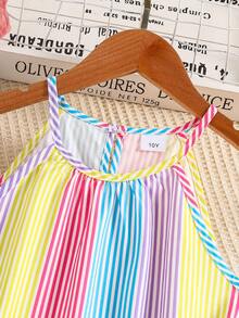 Girls' Summer Colorful Striped Spaghetti Strap Dress With Ruffle Hem And Belt, Tween Girl Casual Holiday Sundress - Multicolor - View 3