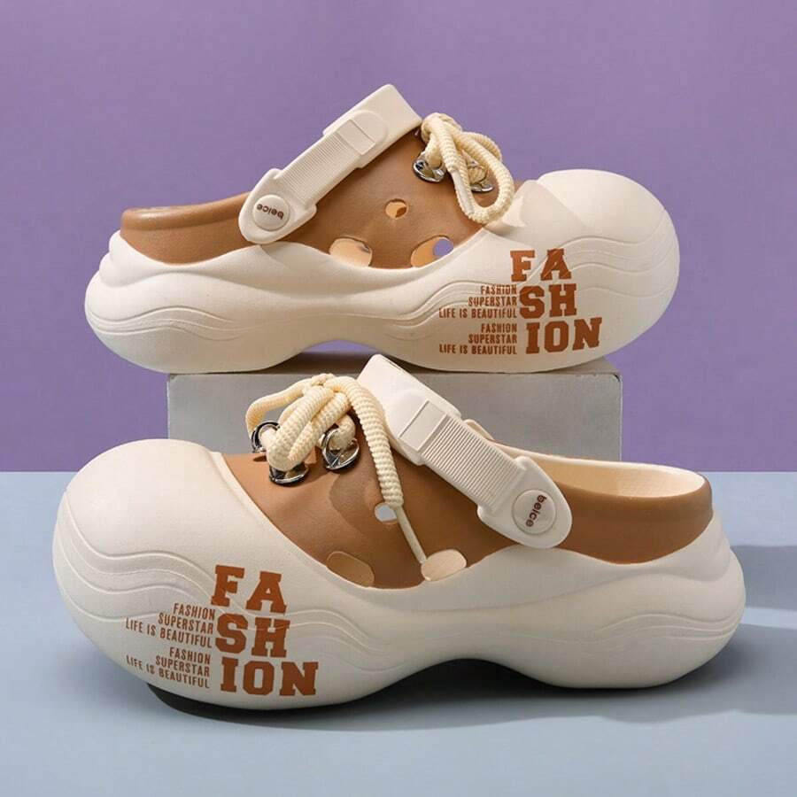 女士透气凉鞋，春夏新款防滑软底室内外拖鞋，护士装，沙滩拖鞋，时尚厚底一脚蹬，适用于手术室 - 米色 - 查看 1