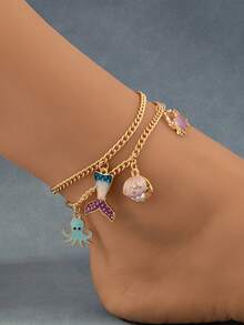 1 Set Of 2 Pieces Summer New Ocean Style Gold Alloy Shell, Crab, Octopus Women Ankle Chain, Suitable For Beach Holiday - Multicolor - View 1