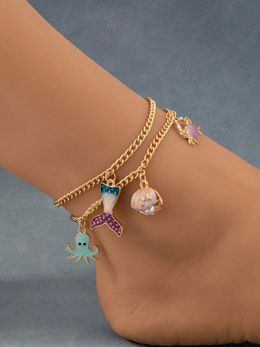 1 Set Of 2 Pieces Summer New Ocean Style Gold Alloy Shell, Crab, Octopus Women Ankle Chain, Suitable For Beach Holiday - Multicolor - View 1