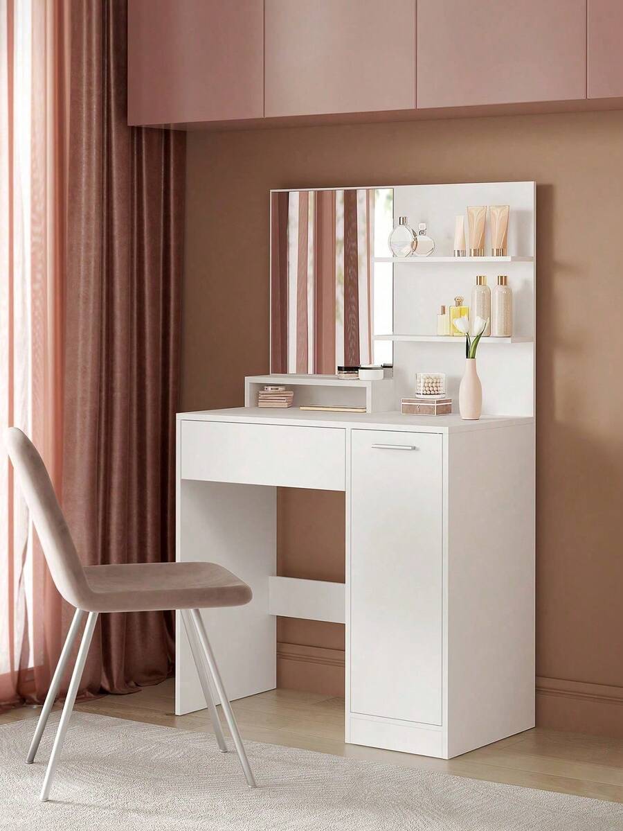 Dressing Table, Makeup Table, Vanity Table With Mirror, 1 Drawer, 2 Shelves, Storage Cabinet, Makeup Organiser, White - White - View 1