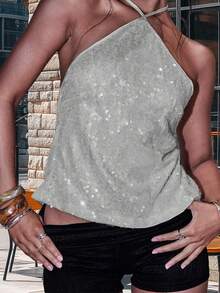 Women Sleeveless Halter Tops Summer Shiny Sequins Tie Up Backless Shirts For Streetwear Aesthetic Grunge Clothes - 灰色 - 查看 2