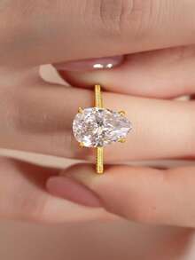 1 pieza Anillo de compromiso elegante con diamante oval incoloro de moissanita, joyería de boda exquisita, anillo de boda para mujer, joyería nupcial, anillo de promesa - Dorado - Ver 3