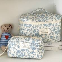 3 PiecesMakeup Bag Quilted Makeup Bag Silk Ribbon Makeup Bag Set Flower Travel Washbag - Blue - View 9