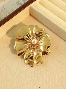 1pc Elegant Metal Flower Brooch With Faux Pearl Center, Fashionable & Sexy, Suitable For Formal Events Or Everyday Wear
