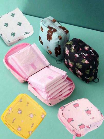 Super Cute Portable Cartoon Feminine Pad Holder Organizer Pouch, Women Girls Period Sanitary Napkin Bag For Coins, Cosmetics, Tissues And Other Small Items, Suitable For Ladies Business Trip, Travel, Students Back To School (Print Pattern Position May Vary) Holiday Camping Holiday Essentials Vacation Accessories Travel Holiday Essentials Beach Bag Travel Essentials