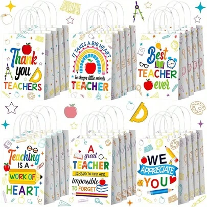 2pcs/6pcs/12pcs/24pcs Paper Teacher Appreciation Gift Bags - "Thank You Teacher" Party Favor Bags With Apple, Pencil, Ruler Design, Handles - Suitable For Teacher Appreciation Week, Birthday Party, Holiday Gifts, Teacher's Day, Thanksgiving, Back To School, Graduation Season, Gifts For Teachers, Colleagues, Team Appreciation