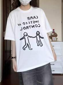 Women's Loose Black Printed T-Shirt - Short Sleeves, Loose Fit, Machine Washable, Japanese Text, Panda Pattern Design