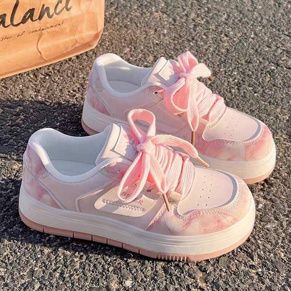 2025 Spring Women's Thick Sole Retro Casual Low-Top Sneakers, Korean Fashion Marble Texture Color Block Pink Student School Campus Versatile Sport Shoes, 4th Of July, Runs Small By 1 Size