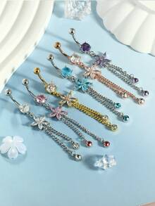 1pc 14G Dangle Belly Button Ring Piercing Jewelry Stainless Steel Heart Flower CZ Reverse Navel Rings Dangling Belly Button Ring Piercing Jewelry For Women 14 Gauge Hypoallergenic Chain Long