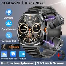 GUHUAVMI 2025 New TWS Earphones Smartwatch 2-In-1, 1.53'' HD Screen, HiFi Sound Effects, Built In Earbud, Wireless Call, NFC Smart Watch, Fitness Tracker With Pedometer, Heart Rate Sleep Monitor Smartwatch, Sports Music Watch, Compatible With IOS And Android, Compatible With Galaxy Watch 7 Ultra