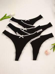 5 pezzi Perizoma sexy da donna in pizzo con fiocco, texture nera carino