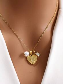MECYLIFE 1pc Lovely Mom Gift Faux Pearl & Crystal Heart Initial Letter Necklace - Heart Letters - View 6