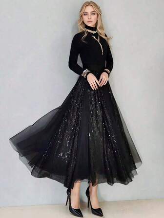 Sequin Mesh Patchwork A-Line Skirt