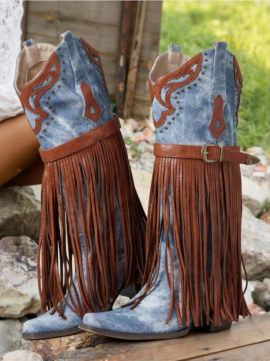 Women's Western Embroidered Fringe Buckle Boots Retro Chunky Pointed ...