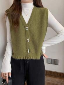 Alicedudu Damen Herbst/Winter V-Ausschnitt Strickweste mit Rüschen-Saum Design