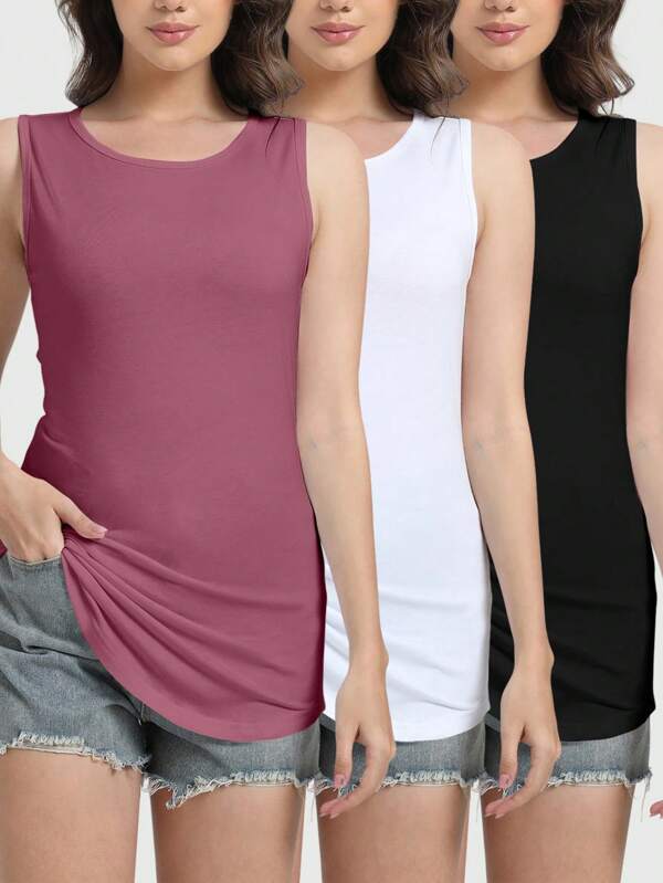 Speed mate [Spring/Summer] 3-Piece Women's Long Sports Vest, Round Neck T-Shirts, Basic Loose Tunic Tops, Casual