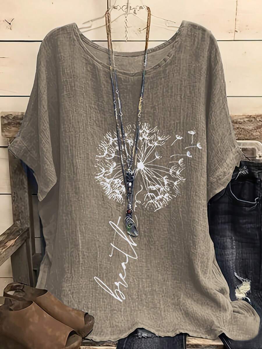 休闲度假风梭织纹理圆领蒲公英印花宽松短袖女式衬衫，春夏款