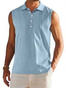 Mens Sleeveless Summer Shirts Beach Tank Tops Button Up Textured Tank Shirt For Vacation - Blue - View 1