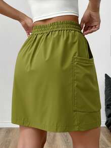 Falda cargo con bolsillo con solapa de cintura con cordón  Liso    Elegante  Casual  Fiesta    Nudo  Bolsillo  Cordón - Verde - Ver 3