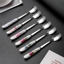 6/12pcs Floral Ceramic Handle Coffee Spoon Made Of Stainless Steel, Perfect For Mixing, Sugar, Honey, Ice Cream, And Soup, Practical For Office Afternoon Tea, Elegant Kitchen And Dining Accessories With Rose Pattern Design Back To School