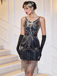 LNVES 1920s Vintage Gatsby Ball Dress, koralikowa sukienka z cekinami i frędzlami na dole dla kobiet na bal powitalny