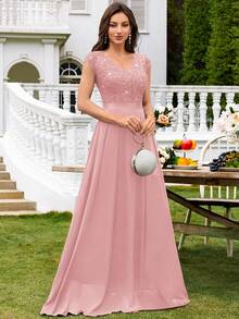 MIUSOL V领亮片蕾丝短袖雪纺荷叶边长款连衣裙，优雅女士派对礼服，正式晚礼服，舞会礼服，适合婚礼宾客、毕业典礼、盛大晚宴等场合，情人节春季粉色 - 粉色 - 查看 6