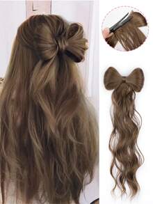 蝴蝶结夹马尾辫接发半马尾辫棕色 12/14 英寸马尾辫接发女士卷发波浪马尾辫儿童蝴蝶结形马尾辫黑色合成发夹假马尾辫女童假发日常派对使用 - 彩色 - 查看 12