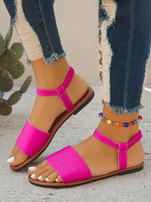 Plus Size 35-43 Retro Simple Slip-On Sandals With Elastic Band, Summer New Daily Wear Open Toe Strap Fuchsia Cloth Flat Sandals, European & American Style - Hot Pink - View 4