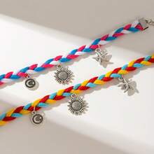 1 件可调节 3D 印花面料手链，波西米亚腕带，手工编织几何波尔卡圆点图案，男女通用时尚配饰 - 黑色 - 查看 7