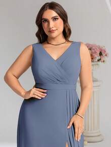 EVERPRETTY Romantic V-Neck Sleeveless Pleated Bust High Slit Bridesmaid Dress, Formal Blue Dress Suitable For Wedding Party - Dusty Blue - View 5