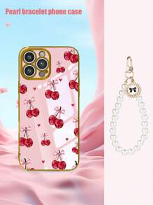 1pc Pink TPU Cherry Pattern Shockproof Phone Case & 1pc Pearl Bow Decor Versatile Creative TrendPersonalizedty Full Coverage Phone Case