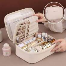 Large Capacity Removable 3-Layer Makeup Bag, Vegan Leather Travel Cosmetic Organizer With Brush Holder, Unisex Portable Toiletry Case, Alcohol-Free Makeup Storage Solution, Elegant Design Makeup Organizer Bathroom Accessories