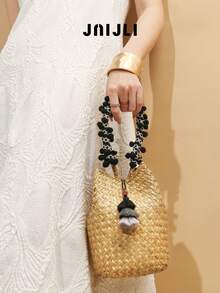 1pc Handmade Bohemian Style Tassel Straw Bucket Handbag, Vintage Woven Tote Bag, Versatile For Daily Commute, Business, Leisure, Travel, Beach Wedding, Perfect Gift For Women, Comes With Tassel Pendant - màu đen - Xem 2