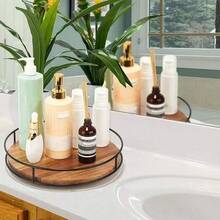 360°旋转木制化妆品收纳盒，带钢制手柄 - 适用于浴室和梳妆台的化妆品收纳托盘，非常适合存放杂物和配件浴室配件返校
