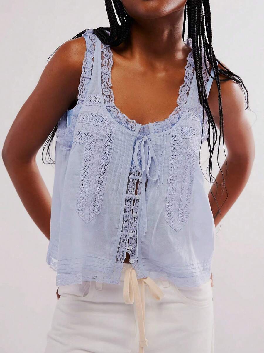 Women Lace Trim Vest Tank Tops Y2K Fairy Sleeveless Tie Button Front Sheer Mesh Crop Tops Summer Going Out Tops Cute Loose Fit Cami Shirt  Aesthetic Clothes - 藍色 - 查看 1