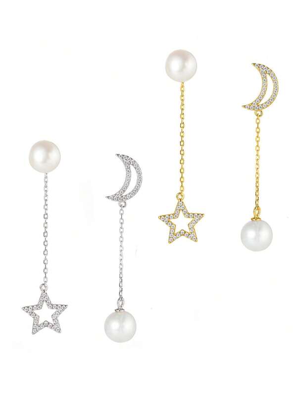 1 Pair Asymmetrical Star Moon Tassel Earrings With 925 Sterling Silver, Cultured Pearl And Cubic Zirconia, Luxury Korean Style Suitable For Women Dating Party