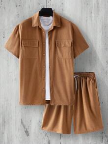 Nuevo conjunto de verano para hombres de camisa holgada de unicolor con múltiples bolsillos y botones + pantalones cortos con cordón, conjunto casual de vacaciones, deportivo y básico diario, 2 piezas - Marrón - Ver 3