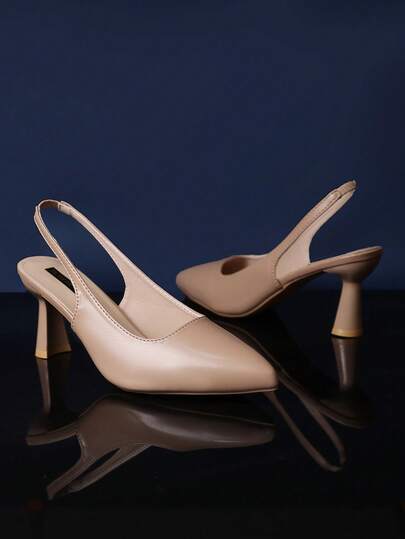 1 双杏色尖头坡跟凉鞋，PU 材质，配松紧带，适合派对、购物、旅行、度假、夏季新品