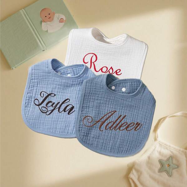 3pcs/Set Customized Baby Bibs, U-Shaped Drool Scarf, Embroidered Text, Pure Cotton Soft & Comfortable, Solid Color, Newborn Gift
