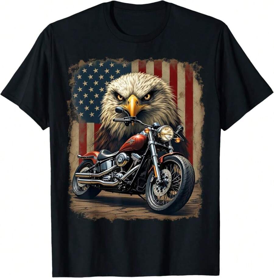 Patriotic Motorcycle Usa Flag Retro Biker Chopper Vintage T-Shirt Gift For Dad Gift For Foodies Birthday Gift For Best Friend - Black - View 1