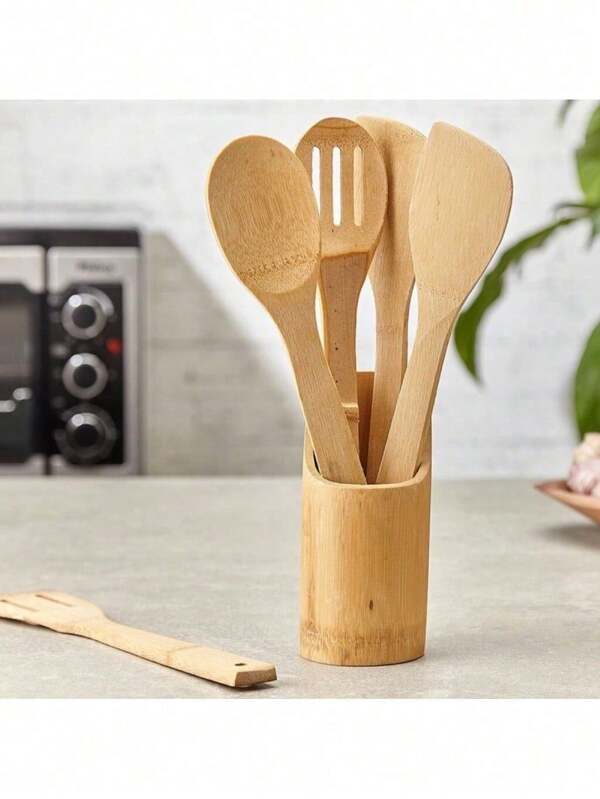 Cozinha em casa Kit de Utensílios Talheres de Bambu com 5 Peças Resistentes ao Calor