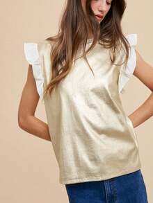 Womens Casual Blouse Elegant Romantic Ruffled Sleeve Top Feminine French Style Round Neck Sleeveless Design Delicate Flutter Detail Cream White Summer Spring Office Day Wear Basic Fashion Statement Daily Outfit - VÀNG BĂNG - Xem 1