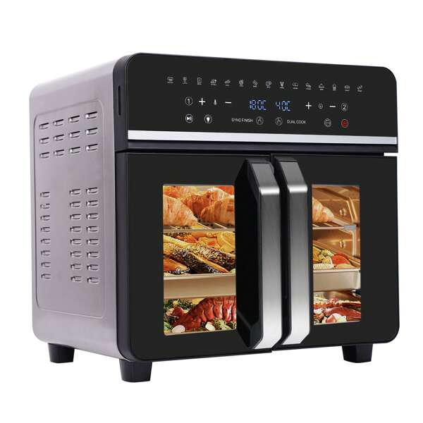 Emphsism Friggitrice ad aria calda da 23 litri, mini forno, friggitrice ad aria calda a doppia zona, forno XXL da 1800 W con touchscreen a LED, 15 programmi, con ricettario e accessori.