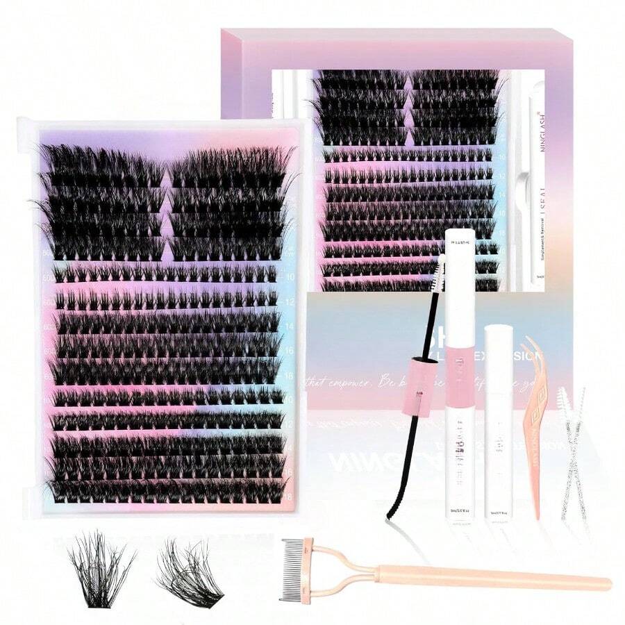 Diva Lash Clusters Kit Fluffy DIY Eyelash Extension, Individual Lashes Cluster Lashes 272pcs Thick Faux Cat Eye Mink DIY Lash Extension Kit, Lash Bond And Seal Remover Tweezer Comb Brush - default - View 1