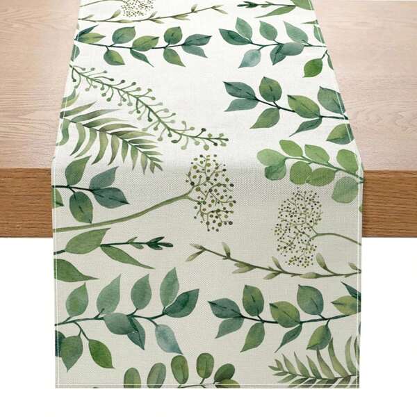 1 pieza Tapete de mesa de primavera con hojas de eucalipto, cubierta de mesa con ramas verdes, decoración de mesa estacional, apta para cocina, mesa de comedor, fiesta interior/exterior, decoración estacional del hogar