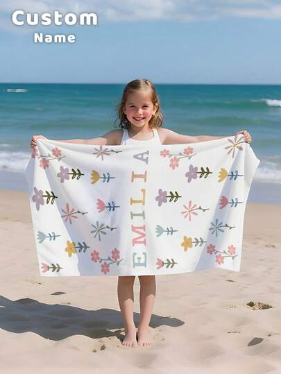 1PC Customized Ocean Beach Towels, Flowers Beach Towel, Custom Name Beach Towel, Personalized Girls/Boys Beach Towel, Custom Beach Towel For Girls/Boys, Perfect For Outdoor Beach Travel Swimming Gym Yoga, Beach Accessories, Custom Beach Towel For Friends, Multiple Sizes Of Beach Towels To Choose From, Multi-Functional, Ornamental, Letter, Stylish, Modern, Colorful, Cute, Adorable, Casual, Custom, Personalized, Unique, Customized, Ideal Gifts For Him, Ideal Gifts For Her